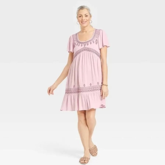 Women's Flutter Short Sleeve Embroidered A-Line Dress- Knox Rose - Picture 1 of 3